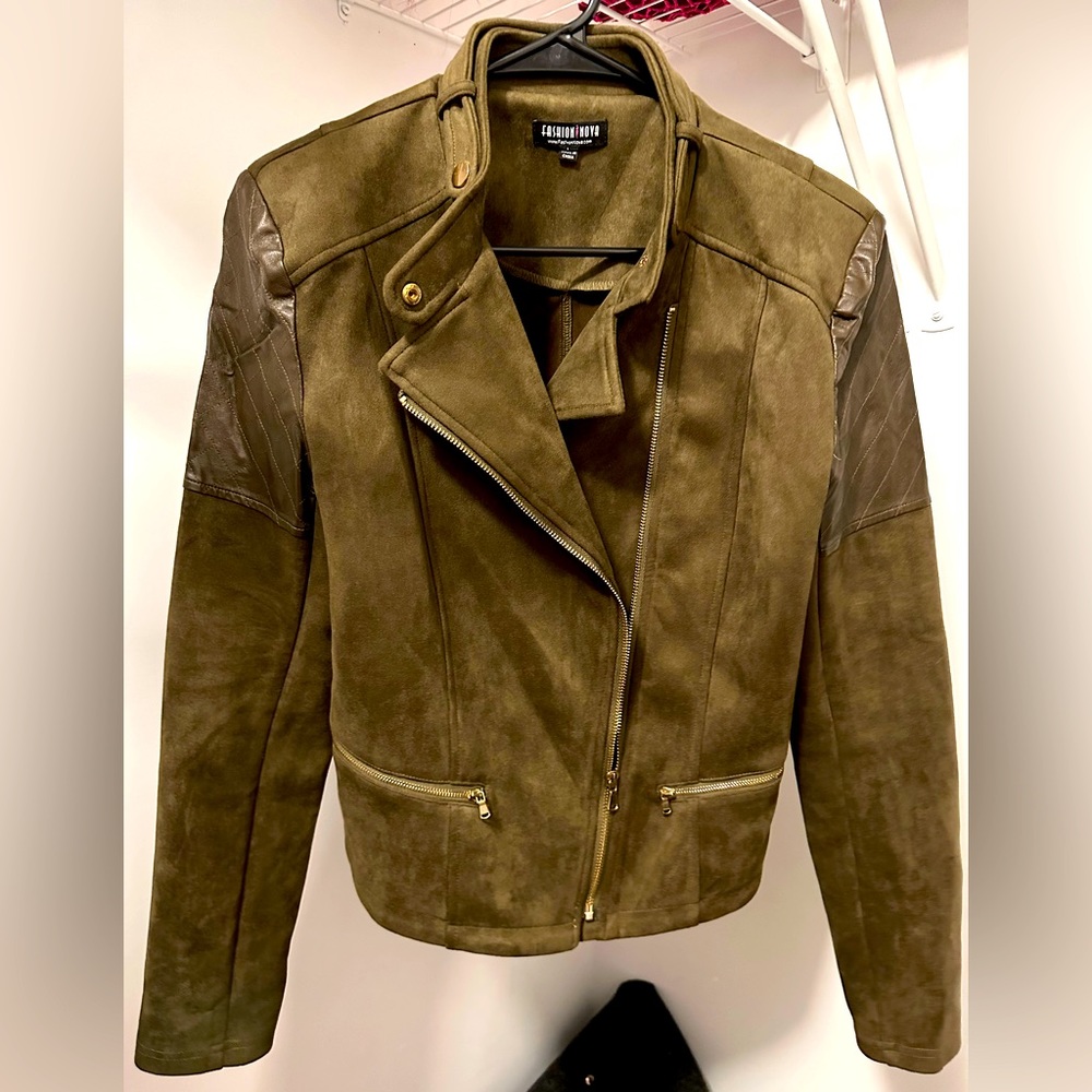 Green suede and faux leather jacket